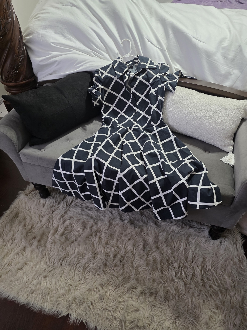 INC International Concepts Black and White Grid Fit-and-Flare Dress